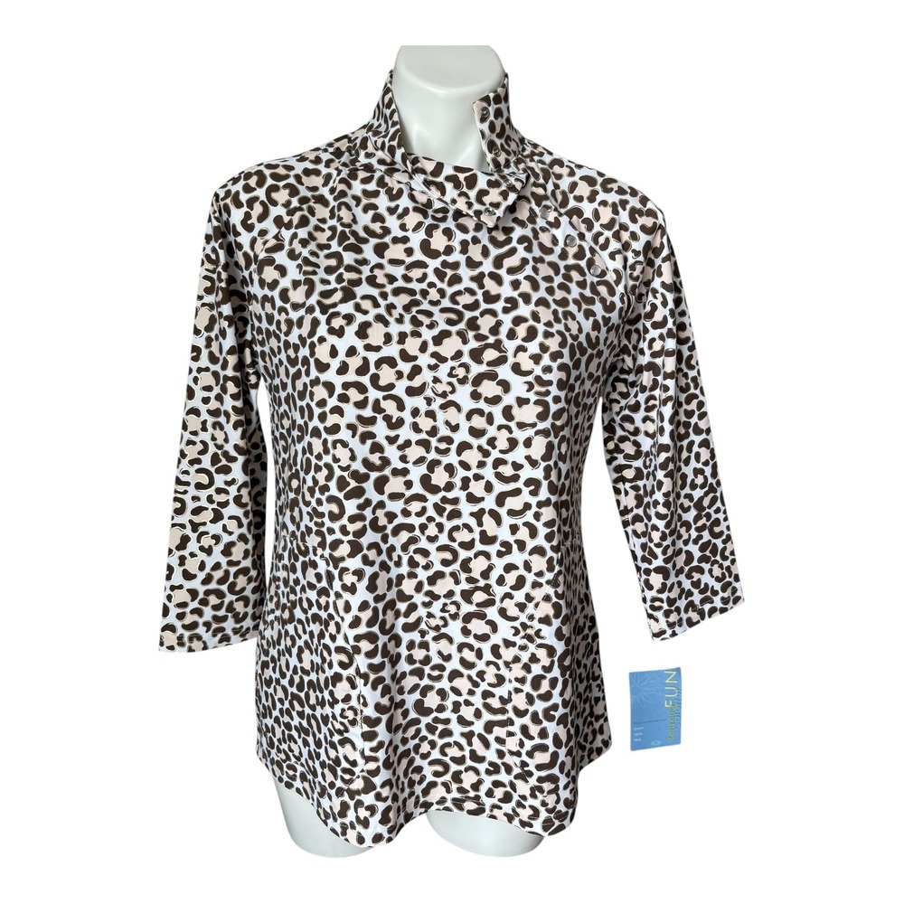 Lulu-B Cream Leopard Button Funnel Neck 3/4 Sleeve Tunic Top Women's Size Medium